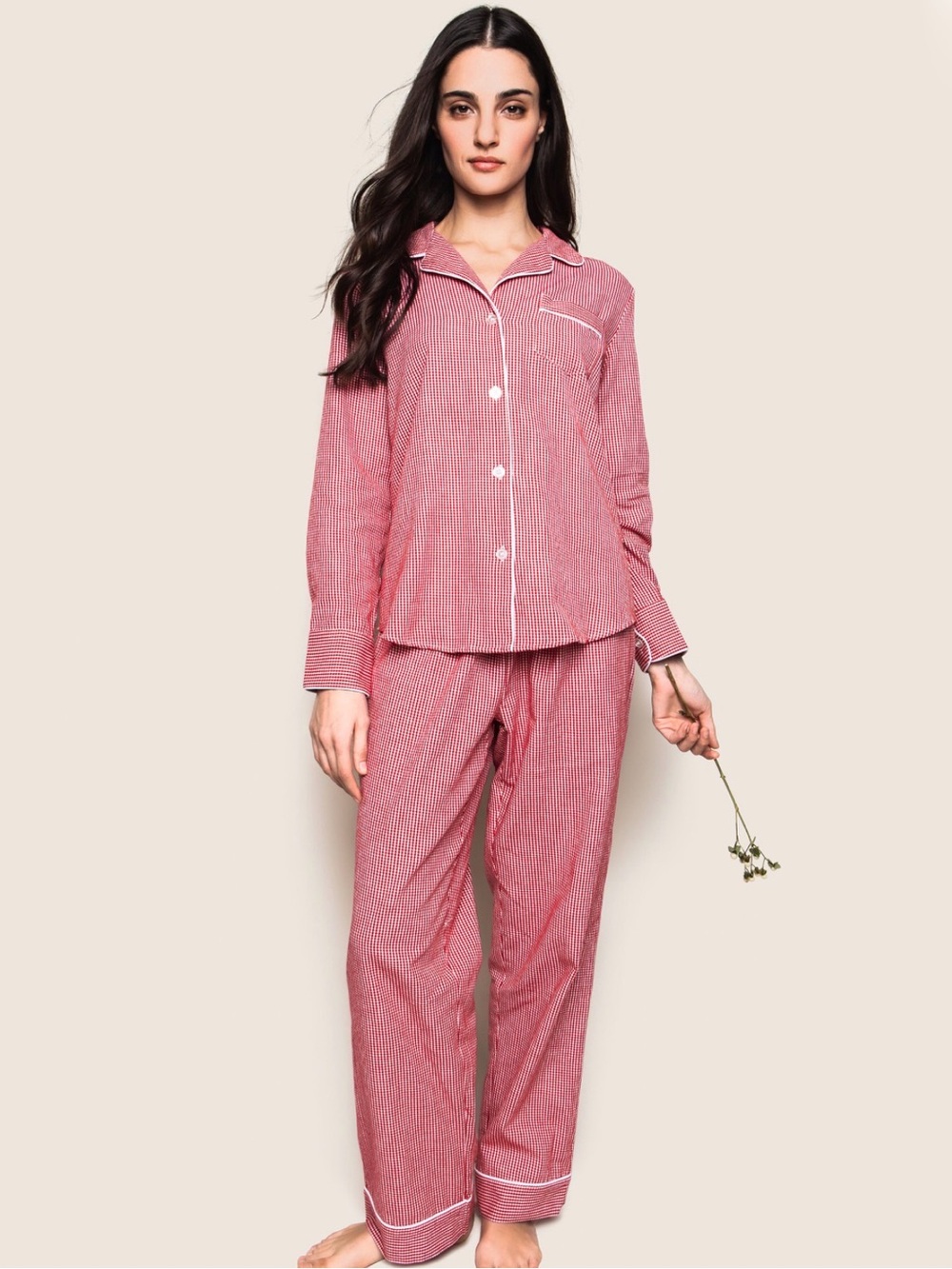 Petite Plume Women's Flannel Pajama Set in Red Mini Gingham sz L